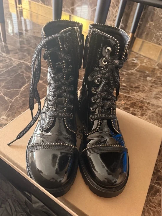 Zadig & Voltaire Black Patent Lace-Up Combat Boots - Picture 3 of 4